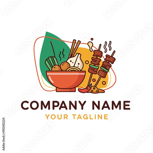 Delicious Food Logo Design with Skewers and Bowl.