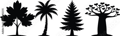 Black tree silhouette collection featuring palm pine baobab and deciduous trees isolated on white background for nature landscape branding and botanical graphic design projects