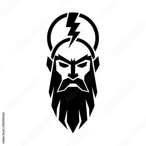 Vector illustration of a powerful man's head with a long beard, mustache, and lightning bolt symbol on the forehead.