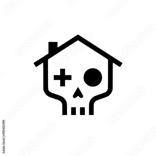 Minimalist vector illustration combining a house silhouette with a human skull.