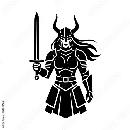 Viking Female Warrior Mascot Logo with Sword and Horned Helmet