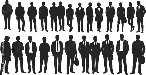 Business people silhouette collection featuring professional men and women in suits standing in various poses isolated on white background for corporate design use