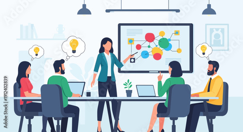 Creative business team brainstorming and innovation strategy meeting with presentation