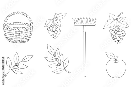 Set of hand-drawn farming and nature icons including a basket, rake, berries, branch, water, and fruit in a simple black and white doodle sketch style illustration.