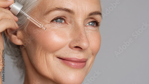 Applying anti aging serum to revitalize skin indoor setting lifestyle portrait close-up view beauty concept