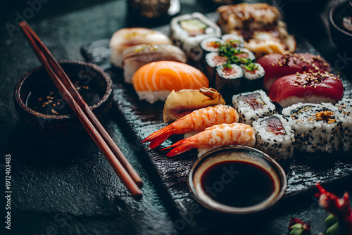 Assorted Japanese Sushi and Sashimi Platter with Chopsticks