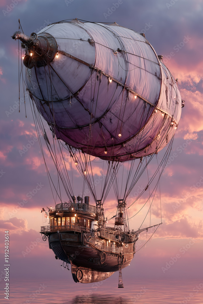 Naklejka premium Steampunk Airship Over Ocean at Sunset With Dramatic Clouds