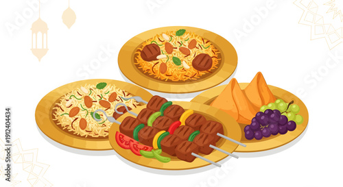 Middle Eastern Food Illustration for Ramadan Iftar with Biryani Rice, Beef Kebabs, and Samosas