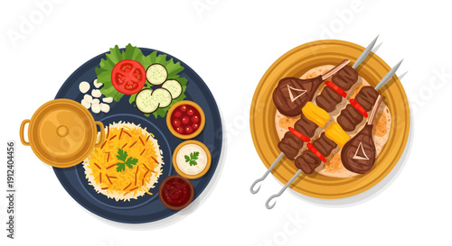 Top View Illustration of Middle Eastern Cuisine with Biryani Rice, Beef Kebabs, Grilled Lamb, and Sauces