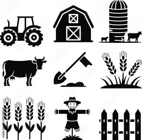 Black agriculture and farming icon set with tractor barn silo cow wheat scarecrow fence and tools silhouettes isolated on white background for rural and farm design