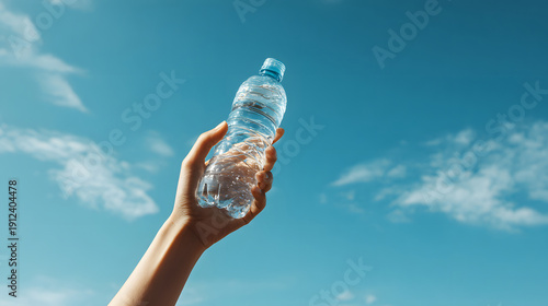 Hand Holding Water Bottle Against Blue Sky