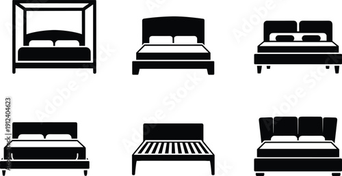 Black bed and bedroom furniture icon set featuring modern beds silhouettes isolated on white background for hotel home interior design projects branding use