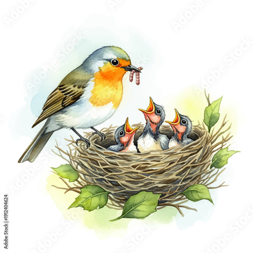 Mother bird feeding her chirping chicks in a nest surrounded by leaves