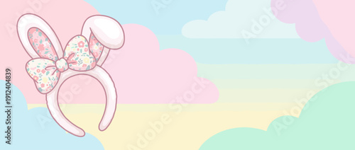 Panoramic Vector Banner Illustration of a Cute Bunny Ear Headband with a Floral Pattern Bow on a Soft Pastel Cloud Background, Perfect for Easter, Spring, Kids Party, or Kawaii Theme Designs
