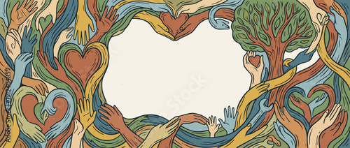 Panoramic Vector Banner Illustration of Diverse Hands Intertwined with Hearts and a Growing Tree, Symbolizing Community Volunteering, Unity, Love, Support, and Social Responsibility with Copy Space