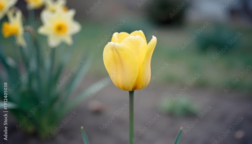 Obraz premium Yellow tulip blooming in a neighborhood garden, symbolizing hope and resilience amidst urban challenges