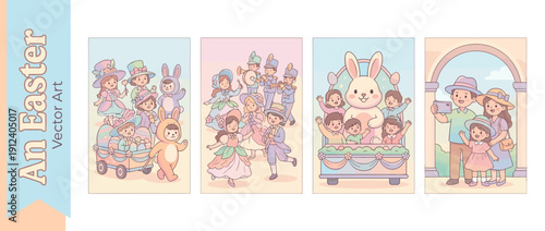Set of four cute vector illustrations of an Easter parade featuring children in colorful costumes and fancy hats, a marching band, a festive float with a giant bunny, and a family taking a selfie.