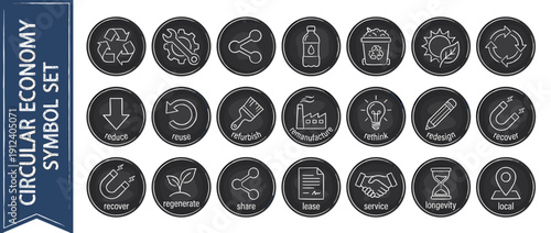 Circular Economy Icon Set with 20 Sustainability Symbols on Chalkboard Background; White Icons for Reduce, Reuse, Recycle, Refurbish, Remanufacture, Rethink, Redesign, Recover, Share, and Regenerate.