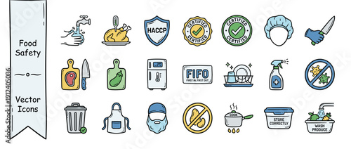 Set of 20 Hand Drawn Food Safety and Hygiene Icons featuring HACCP Certification, Hand Washing, Temperature Control, Kitchen Sanitation, Cross Contamination Prevention, and Food Handling Standards