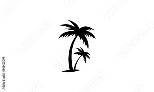 Two black silhouette palm trees standing tall on a white background.
