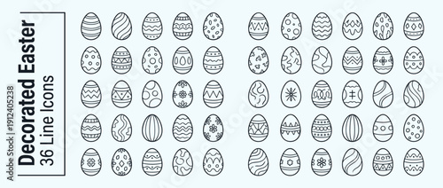 Set of 36 Decorated Easter Egg Line Icons Featuring Various Patterns like Stripes, Dots, Zigzags, and Flowers. Minimalist Vector Illustration for Holiday Greeting Cards, Posters, and Web Design.