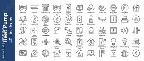 Comprehensive Set of 40 Heat Pump and Home Energy Retrofit Line Icons featuring Air Source Heat Pump, Solar Panels, Insulation, Smart Thermostat, Energy Meter, Battery Storage, and HVAC Symbols.