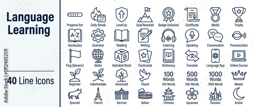 Language Learning Icon Set: 40 Monoline Outline Vector Icons for Education Apps, Study Progress, Vocabulary, Grammar, Speaking, Listening, Translation, and Global Language Proficiency Badges.