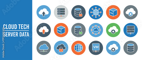 Cloud Technology and Server Data Icon Set featuring Flat Vector Illustrations for Cloud Computing, Network Security, Database Storage, Virtual Machines, Global Connectivity, and Data Management.