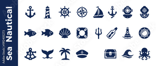 Comprehensive Set of Sea Nautical Icons and Marine Symbols Featuring Anchor, Lighthouse, Ship Wheel, Compass, Sailboat, Diving Helmet, Fish, Shell, Lifebuoy, Trident, Message in a Bottle, and Buoy