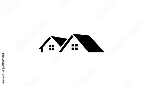 Two minimalist black house silhouettes with windows on a white background.