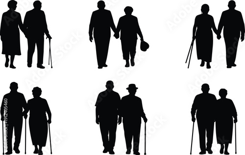 Black senior couple walking silhouette icon set depicting elderly people holding hands with canes symbolizing aging care companionship retirement lifestyle isolated on white background