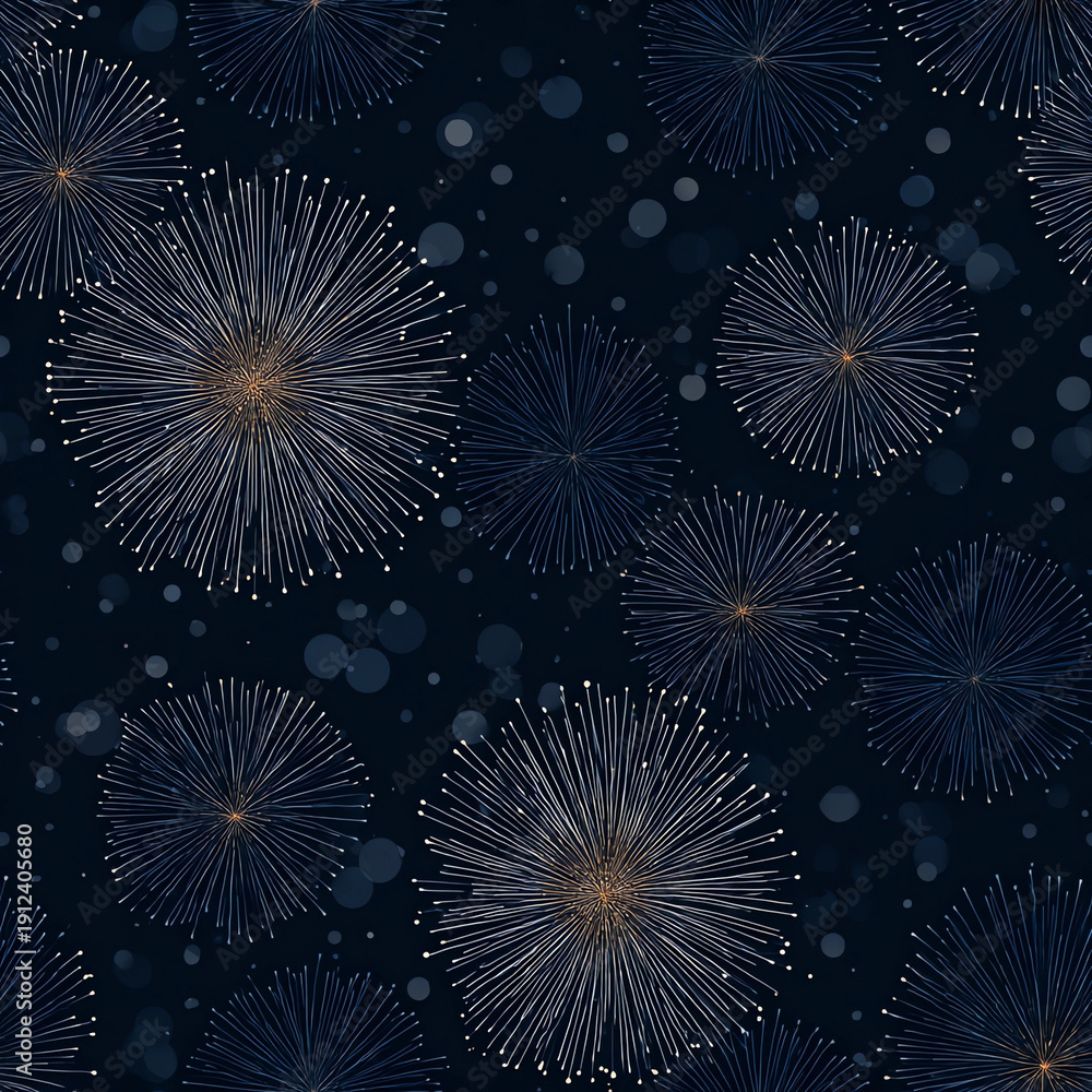 Fototapeta premium Seamless night-sky fireworks line-art pattern: elegant fireworks bursts drawn as thin lines, combined with bokeh light circles and subtle grain on a deep dark background.