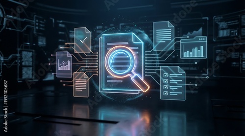 Digital document analysis concept, Holographic magnifying glass searching files. concept of Open recruitment, ATS, HR AI driven