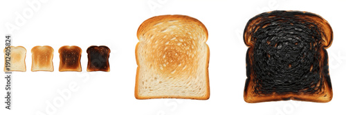 Obraz na plátne Set of toasted white bread slices from light golden to burnt isolated on white b