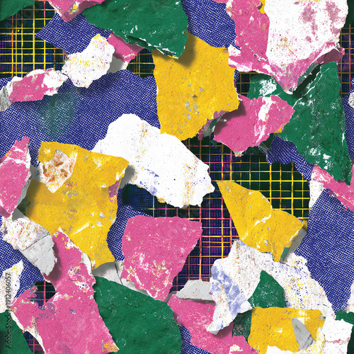 Seamless retro confetti collage pattern: torn paper shards, geometric scraps, and offset screen-print layers with mild misregistration for authentic 90s print vibe.