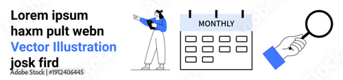Person gestures at a monthly calendar marked Monthly alongside a magnifying glass for focus and detail. Ideal for scheduling, planning, time management, productivity tools, teamwork, deadlines