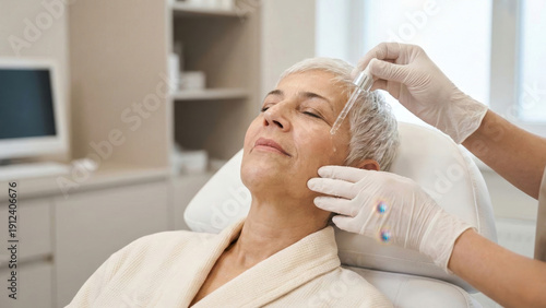 Anti aging serum application for skin care in a spa setting calm environment close-up viewpoint