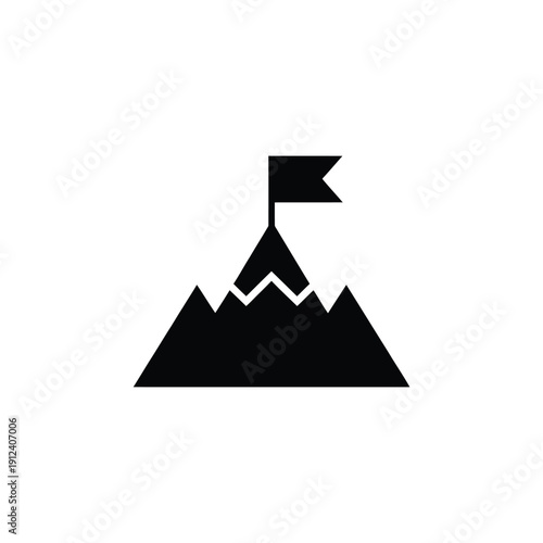 A simple black silhouette of a mountain peak with a flag