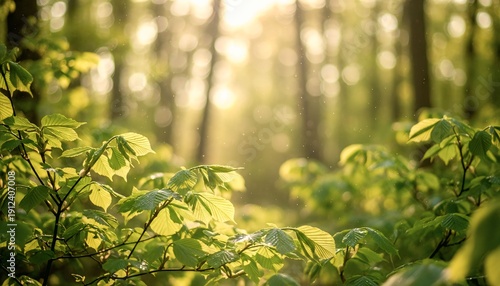 Forest sunlight in morning, warm golden nature background