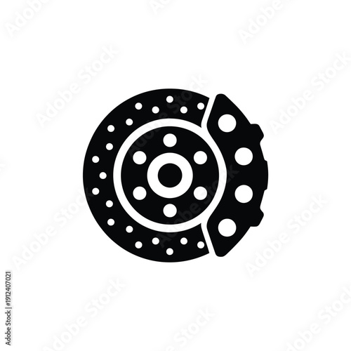 Simple black and white icon depicting a vehicle brake disc and caliper