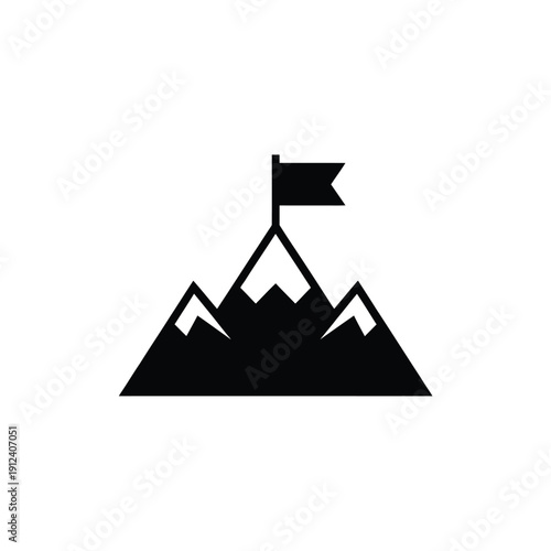 A simple black silhouette of a mountain with a flag on top