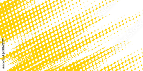 Yellow halftone corner gradient texture. Fading cartoon polka dot background. Dotted tilted gradation pattern. Fading comic pop art overlay backdrop. Vector slant frame halfton patern effect wallpaper