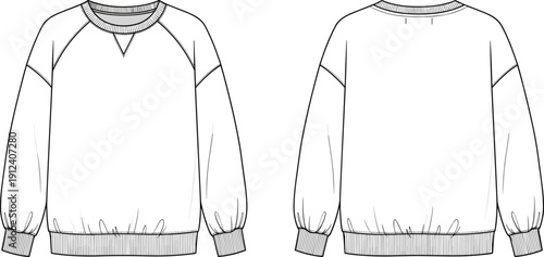 Blank oversized sweatshirt vector technical sketch template, front and back view of long sleeve crewneck fleece jumper for fashion design