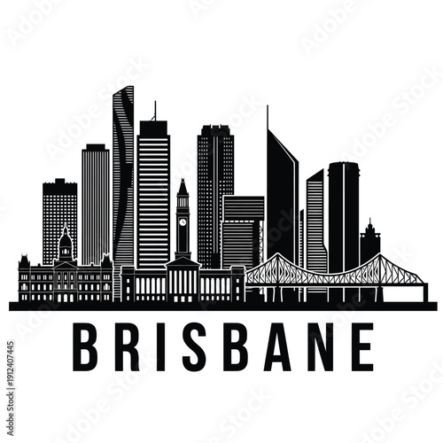 A striking black and white skyline illustration of the city of Brisbane Australia