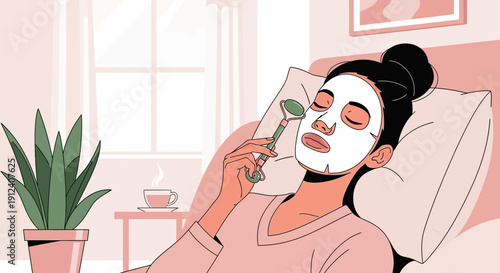 Relaxing skincare routine, woman applying face mask with jade roller for self-care at home