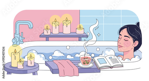 Relaxing bath time with tea and a book, featuring a serene woman and calming candles