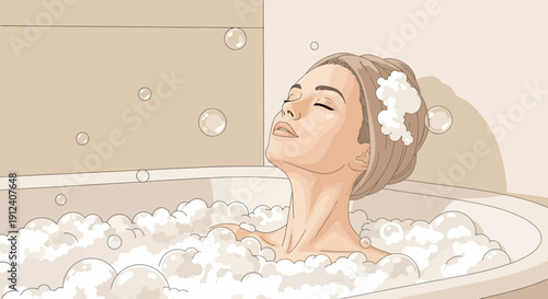 Relaxing bath scene with a woman surrounded by bubbles enjoying a peaceful moment of self care