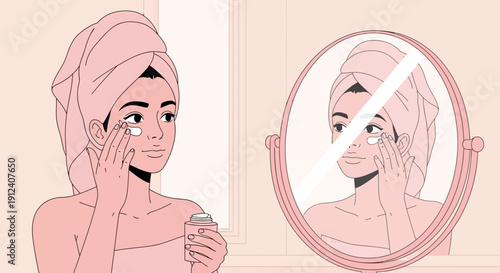 Woman applying facial cream in front of a mirror displaying self-care routine wellness
