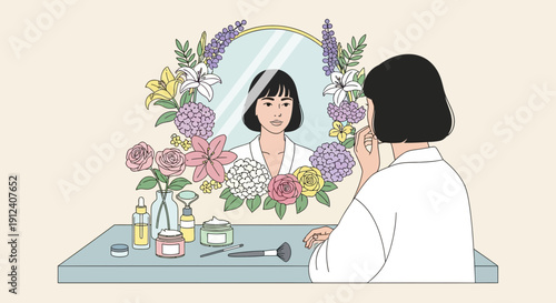 Woman applying makeup in front of a floral decorated mirror for beauty routine
