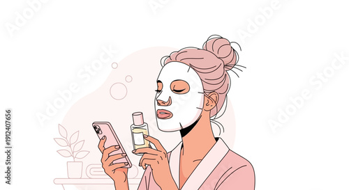 Woman enjoying beauty routine at home with facial mask and skincare product review